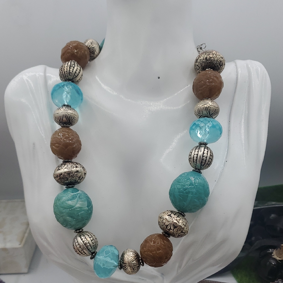 Handcrafted Turquoise Brown Beaded Statement Necklace 22 Inch Overflow 47$